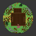 Pixel Art Wooden House On Floating Island With Brown Roof Green Trees And Pink Tower