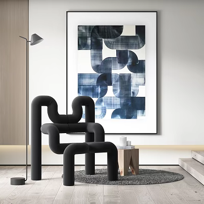 Unique Design Single Chair In Modern Interior With Floor Lamp Abstract Painting And Small Wooden Table 3d model