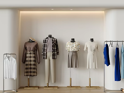 Mannequins Showcase Various Fashion Styles Including Dresses Coats Shirts In Light Wall Clothing Display Area 3d model