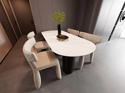Modern Dining Room Interior Design With White Round Table Beige Quilted Chairs And Green Plants 3d model