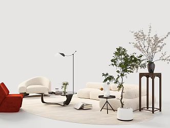Modern Middle Ancient Sofa Tea Combination Sofa Coffee Table Leisure Chair Fabric Sofa Living Room Sofa Living Room Sofa Potted Plants 3d model