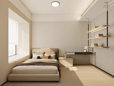 Cozy Modern Bedroom Interior Design With Textured Walls Wooden Flooring Bed Desk And Wall Shelves 3d model