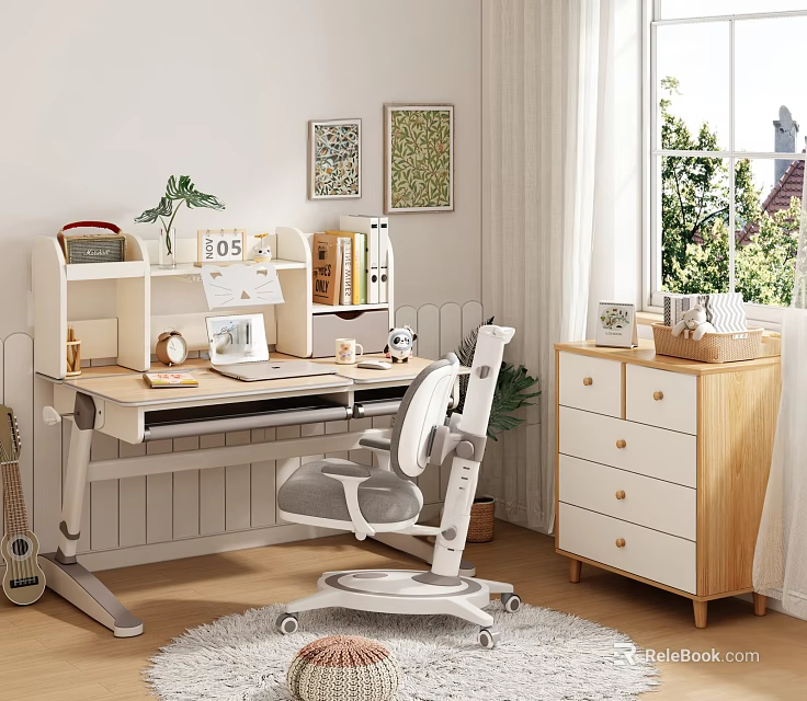 Modern Study Room Wooden Desk And Chair Set With Bookshelf And Drawer Cabinet 3d model 