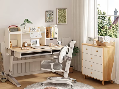 Modern Study Room Wooden Desk And Chair Set With Bookshelf And Drawer Cabinet 3d model
