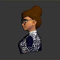 Woman In Navy Blazer With Brown Bun Black Frame Glasses White Shirt And Blue Gemstone