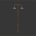 Outdoor Street Lamp With Brown Wooden Pole And Two Silver Lampshades