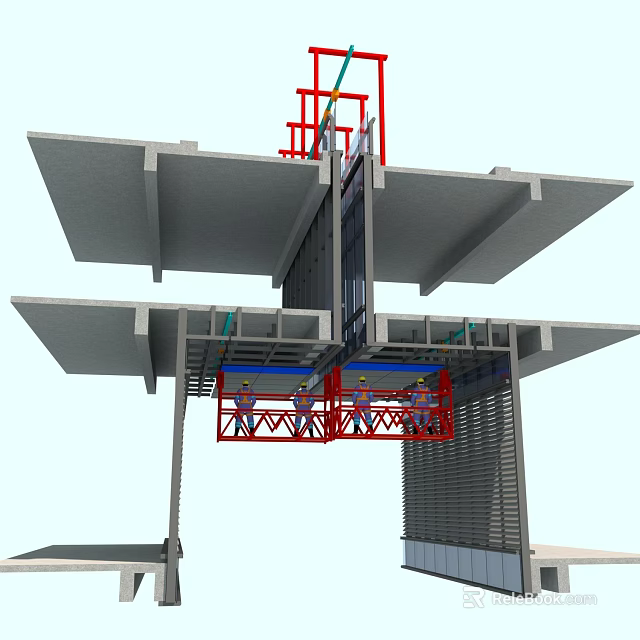 Building Exterior Wall Construction With Workers On Scaffolding Installation Process 3d model 