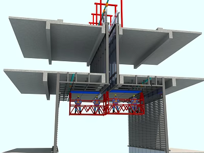 Building Exterior Wall Construction With Workers On Scaffolding Installation Process 3d model