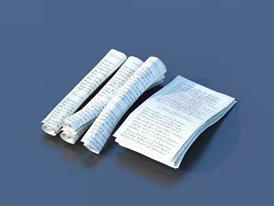 Everyday Stationery Items Including Rolled Papers And Open Notebook With Handwritten Text 3d model