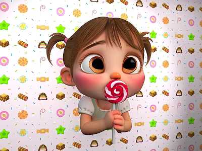 Little Girl Holding Spiral Lollipop Against Colorful Candy Background With Stars Cookies And Sprinkles 3d model