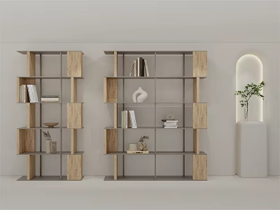 Modern Open Bookshelf Design With Wooden And Metal Frame Displaying Books And Decorations 3d model