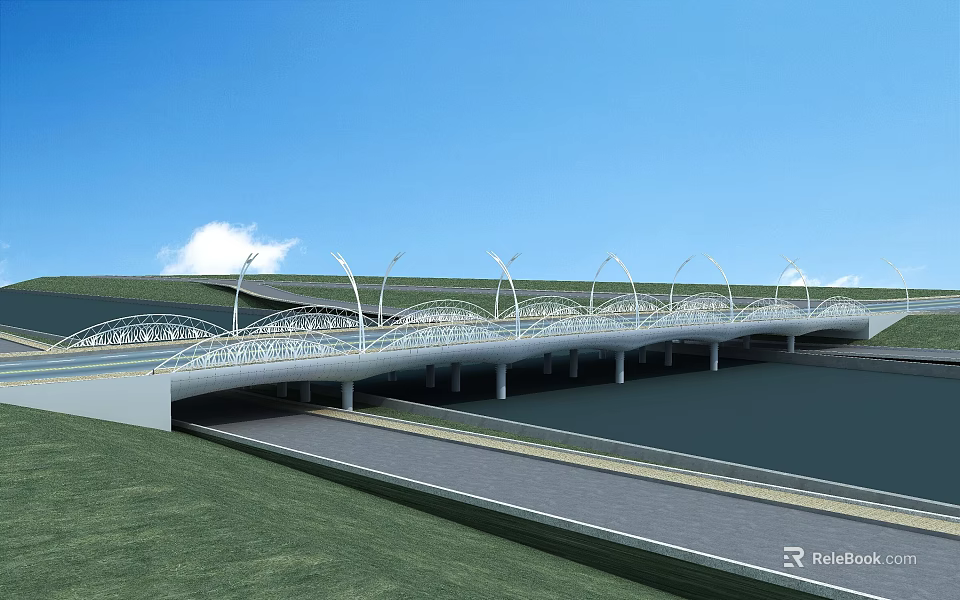 Modern Bridge With Arched Design Over Water Surface Under Blue Sky And White Clouds 3d model 