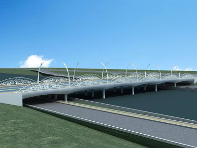 Modern Bridge With Arched Design Over Water Surface Under Blue Sky And White Clouds 3d model