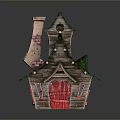 Fairy Tale Style Wooden House With Green Roof Red Door And Brick Chimney