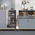 Modern Gray Wine Cabinet With Glass Door And Gold Accents Displaying Wine Bottles And Glasses