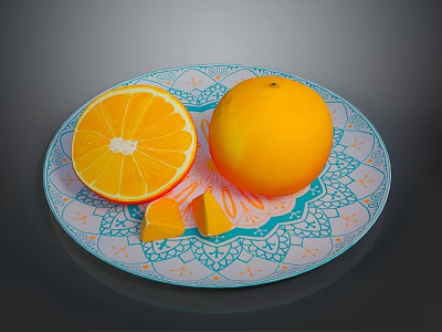 Fresh Oranges Whole Sliced And Segments On Decorative Blue White Pattern Plate 3d model