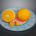 Fresh Oranges Whole Sliced And Segments On Decorative Blue White Pattern Plate