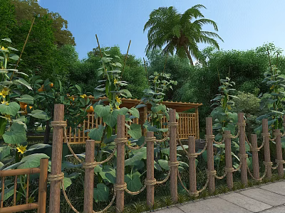 Lush Garden Landscape with Wooden Fence Sunflowers Palm Tree and Green Plants 3d model