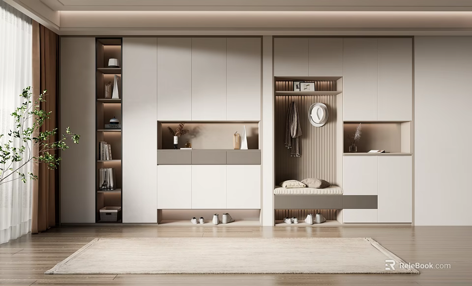 Modern Luxury Entryway Shoe Cabinet With Clothing Hanging Area And Shoe Bench Storage 3d model 