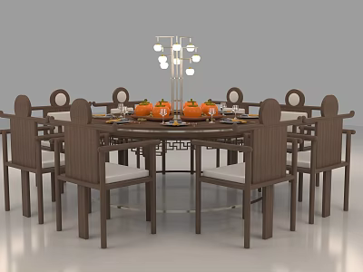 Chinese Style Round Dining Table Set with Wooden Chairs Orange Fruits and Hanging Lamp 3d model