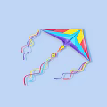 Colorful Triangular Kite Flying High in Blue Sky with Long Colorful Streamers