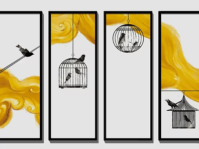 Contemporary Wall Art with Birds in Cages and Yellow Abstract Swirls 3d model