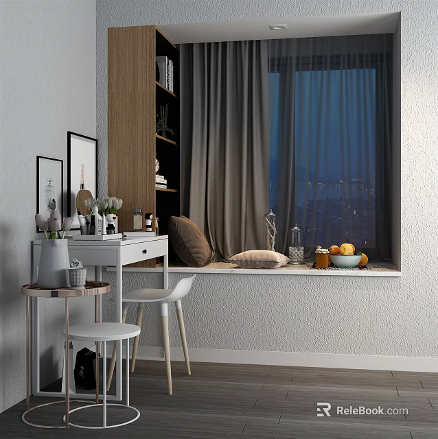 Cozy Bay Window Nook With Desk Chair Pillow Fruits Vase And Curtains 3d model 
