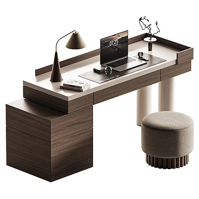 Modern Wooden Office Desk With Laptop Table Lamp Books And Stool 3d model