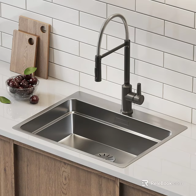 Stainless Steel Kitchen Sink with Black Faucet on White Tile Backsplash and Wooden Cutting Board 3d model 