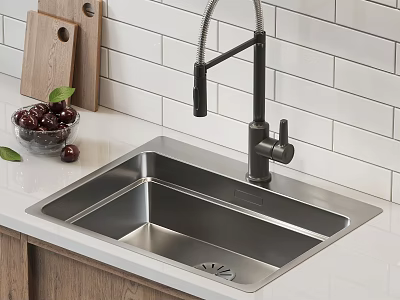 Stainless Steel Kitchen Sink with Black Faucet on White Tile Backsplash and Wooden Cutting Board 3d model