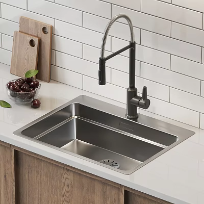 Stainless Steel Kitchen Sink with Black Faucet on White Tile Backsplash and Wooden Cutting Board 3d model