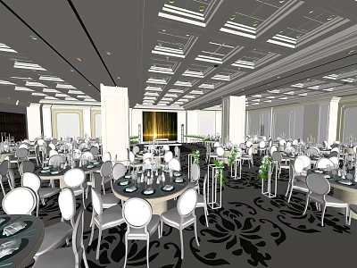 Elegant Ballroom Setup With Round Tables Chairs Patterned Carpet And Ceiling Lights 3d model