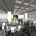 Elegant Ballroom Setup With Round Tables Chairs Patterned Carpet And Ceiling Lights