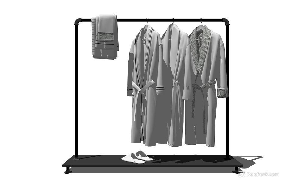 Luxury Soft Robes Displayed on Black Clothes Rack with Hanging Towel and Slippers 3d model 