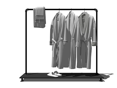 Luxury Soft Robes Displayed on Black Clothes Rack with Hanging Towel and Slippers 3d model