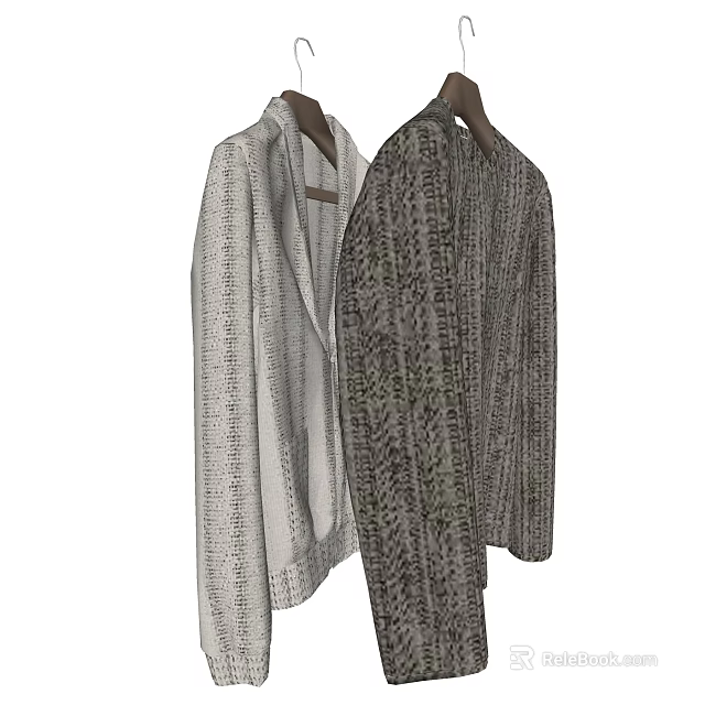 Fashionable Light Textured and Dark Patterned Clothes Hanging on Hangers 3d model 