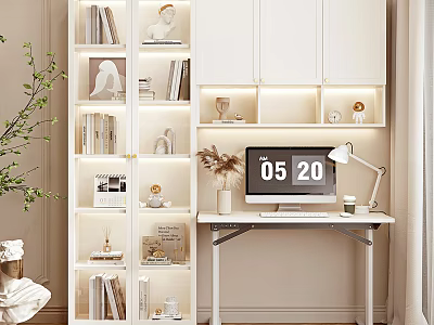 Modern Home Office Desk with Computer Lamp Coffee Cup Plant and White Bookshelf Decorations 3d model