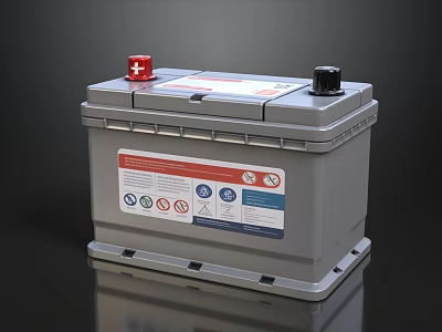 Gray Car Battery With Red Black Caps And Side Warning Labels Icons 3d model