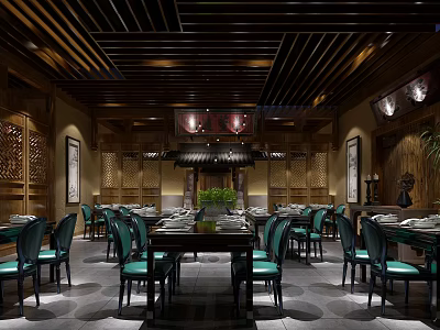 Elegant Traditional Chinese Restaurant Interior With Wooden Ceiling Green Chairs And Decorative Screens 3d model