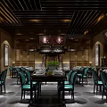 Elegant Traditional Chinese Restaurant Interior With Wooden Ceiling Green Chairs And Decorative Screens