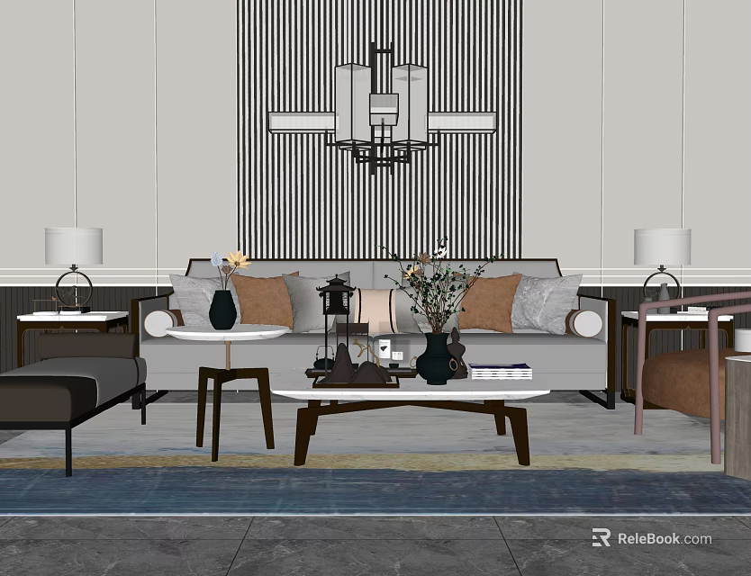 Modern Sofa Coffee Table Set With Decorative Pillows Vase And Area Rug 3d model