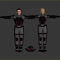3D Rendering Of Two Human Characters In Armored Tech Suits With Scattered Gear