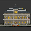Cartoon House Model Scene With Blue Roof Yellow Windows Green Lawn And Red Flowers