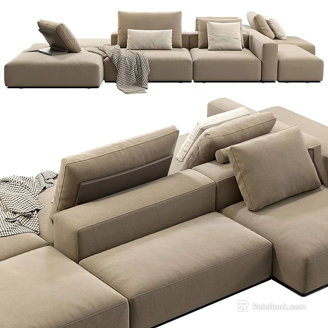 Comfortable Modern Modular Beige Sofa With Soft Cushions And Throw Blanket 3d model 