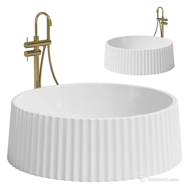 Elegant White Ribbed Free Standing Bathtub With Gold Faucet And Modern Design Elements 3d model 