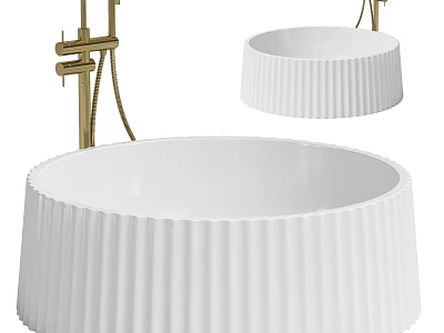 Elegant White Ribbed Free Standing Bathtub With Gold Faucet And Modern Design Elements 3d model