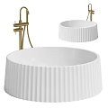 Elegant White Ribbed Free Standing Bathtub With Gold Faucet And Modern Design Elements