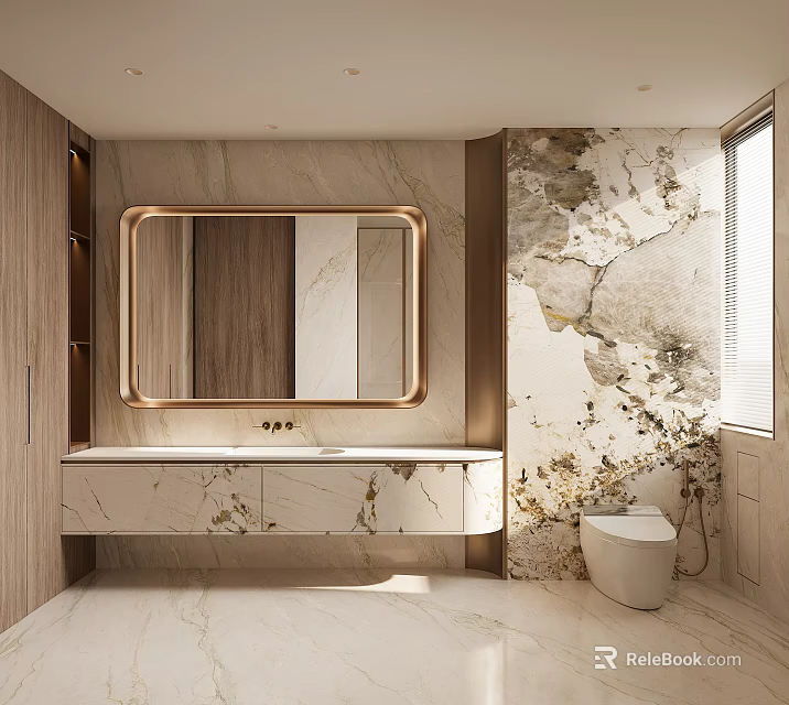 Modern Bathroom Interior Design With Marble Walls Wooden Accents Large Mirror Vanity And Toilet 3d model 
