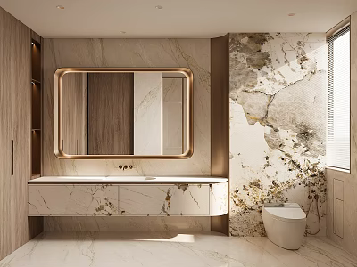 Modern Bathroom Interior Design With Marble Walls Wooden Accents Large Mirror Vanity And Toilet 3d model
