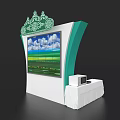 Decorative Exhibition Island with Green Ornate Top and Large Screen Displaying Blue Sky Green Field